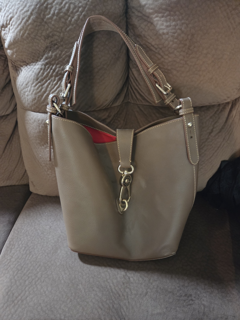 Dooney & Bourke Taupe Pebbled Leather Shoulder Bag with Red Interior